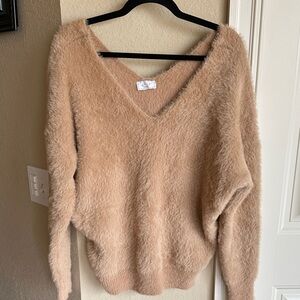 Sage The Label Fuzzy Tan V-Neck Sweater